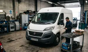Mécanicien travaillant sur une courroie de distribution Fiat Ducato dans un garage. Outils et pièces de rechange à proximité.