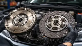 Un mécanicien tient un volant moteur et un disque d'embrayage usagés. Faut-il changer le volant moteur avec l'embrayage ?