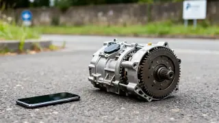 Une boite CVT métallique repose sur l'asphalte à côté d'un smartphone.