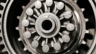 Gros plan d'une pièce mécanique complexe, peut-être une roue dentée ou un moyeu, évoquant une fuite de joint spi boîte de vitesse.