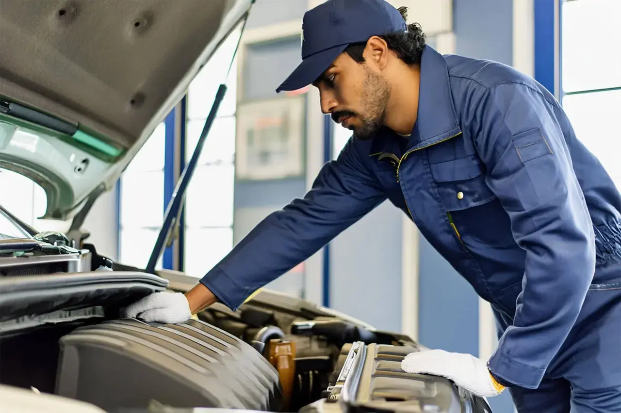 Mécanicien en bleu, casquette, gants blancs, travaillant sur le moteur. Il s'occupe de nettoyer injecteur qui claque pour une meilleure performance.