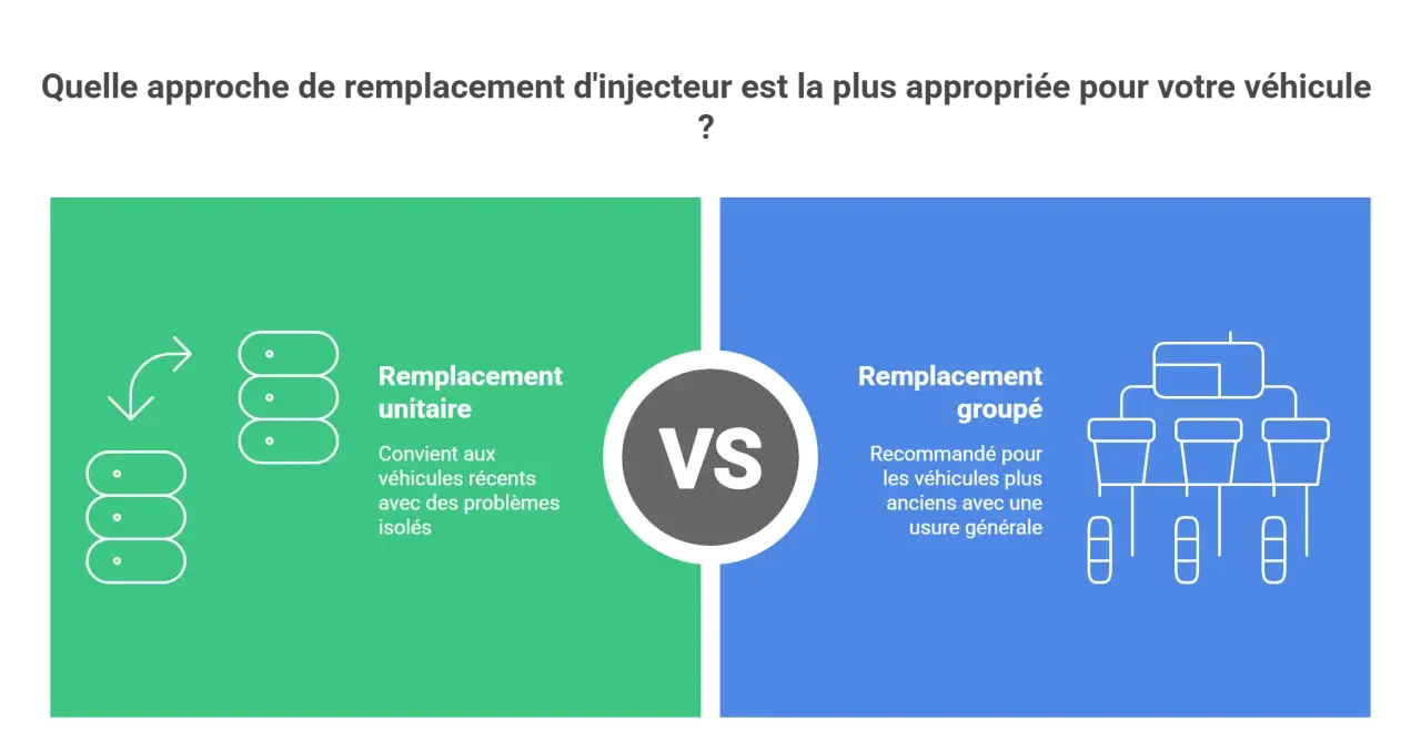 Comparaison : remplacement d'injecteur unitaire pour problèmes isolés sur véhicules récents, ou groupé pour usure générale sur véhicules anciens.