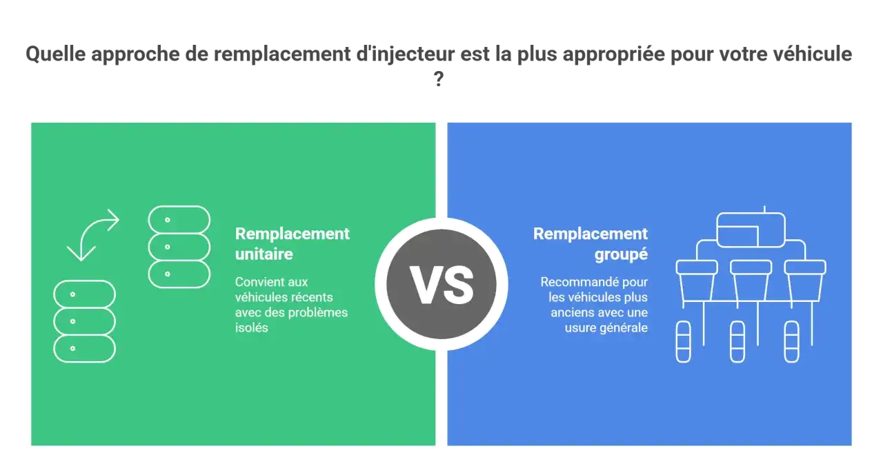 Comparaison : remplacement d'injecteur unitaire pour problèmes isolés sur véhicules récents, ou groupé pour usure générale sur véhicules anciens.