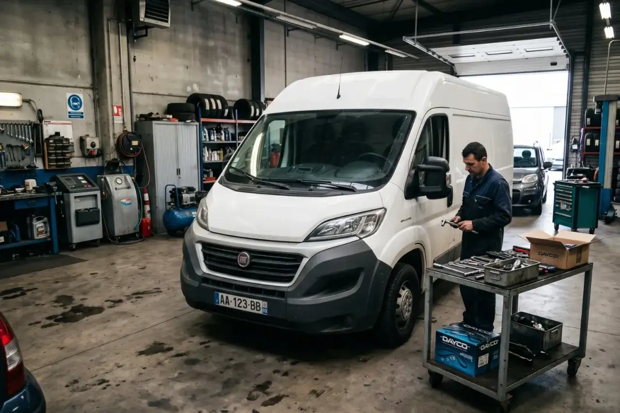 Mécanicien travaillant sur une courroie de distribution Fiat Ducato dans un garage. Outils et pièces de rechange à proximité.