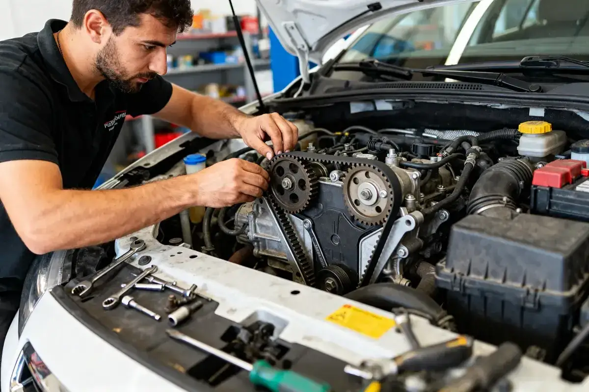 Mécanicien ajustant la courroie de distribution. Le temps pour changer une courroie de distribution dépend du modèle de voiture. Outils à portée de main.