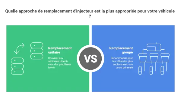 Comparaison : remplacement d'injecteur unitaire pour problèmes isolés sur véhicules récents, ou groupé pour usure générale sur véhicules anciens.