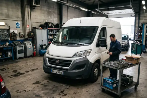 Mécanicien travaillant sur une courroie de distribution Fiat Ducato dans un garage. Outils et pièces de rechange à proximité.
