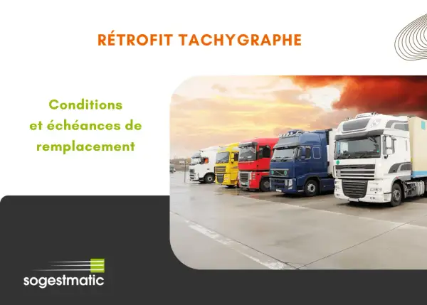 Rétrofit tachygraphe camion : conditions et échéances de remplacement. Flotte de camions colorés garés sur un parking.